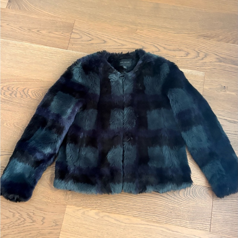 Ann Taylor Plaid Faux Fur Jacket - Black and Blue